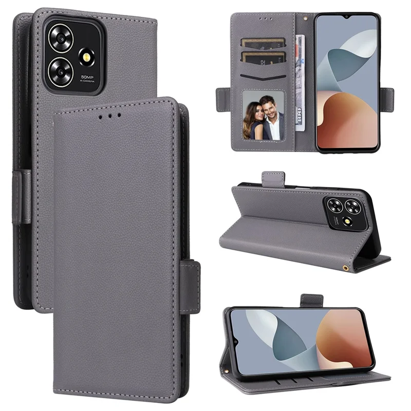 For ZTE Blade A73 4G / Blade V50 Smart / Blade V50 Desig 4G / Axon 50 Lite Case Litchi Texture PU Leather Wallet Phone Cover with Strap - Grey