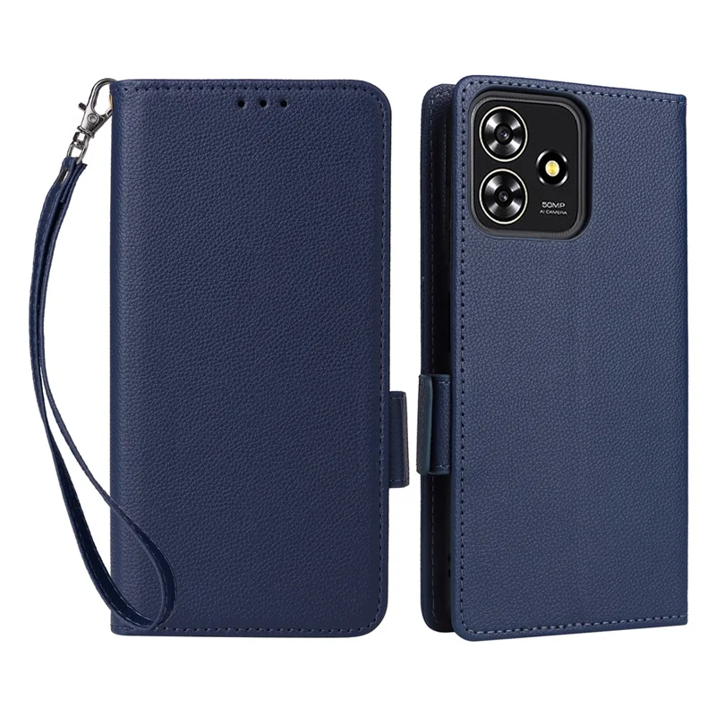 Funda para ZTE Blade A73 4G / Blade V50 Smart / Blade V50 Desig 4G / Axon 50 Lite, carcasa de cuero PU con textura de lichi, tipo billetera con correa - Azul oscuro