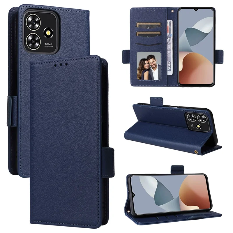 Funda para ZTE Blade A73 4G / Blade V50 Smart / Blade V50 Desig 4G / Axon 50 Lite, carcasa de cuero PU con textura de lichi, tipo billetera con correa - Azul oscuro