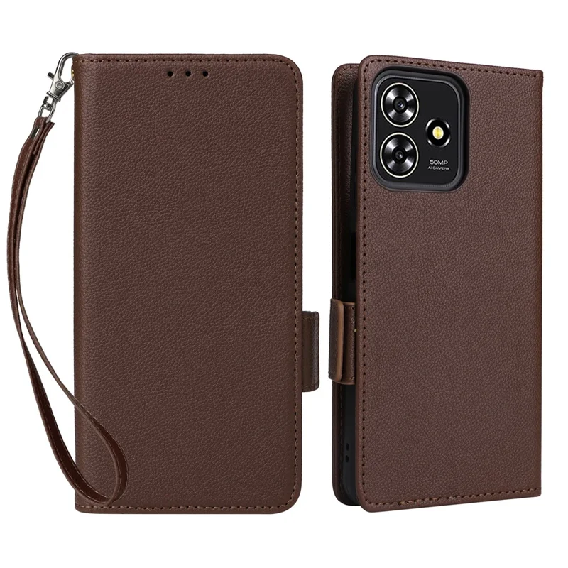 For ZTE Blade A73 4G / Blade V50 Smart / Blade V50 Desig 4G / Axon 50 Lite Case Litchi Texture PU Leather Wallet Phone Cover with Strap - Brown