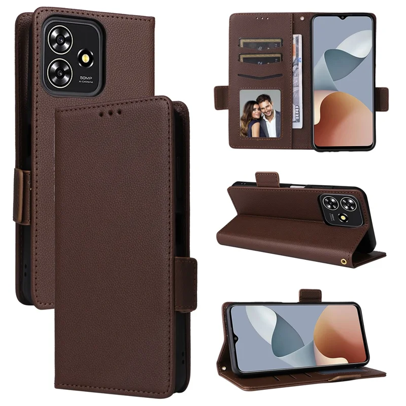 For ZTE Blade A73 4G / Blade V50 Smart / Blade V50 Desig 4G / Axon 50 Lite Case Litchi Texture PU Leather Wallet Phone Cover with Strap - Brown