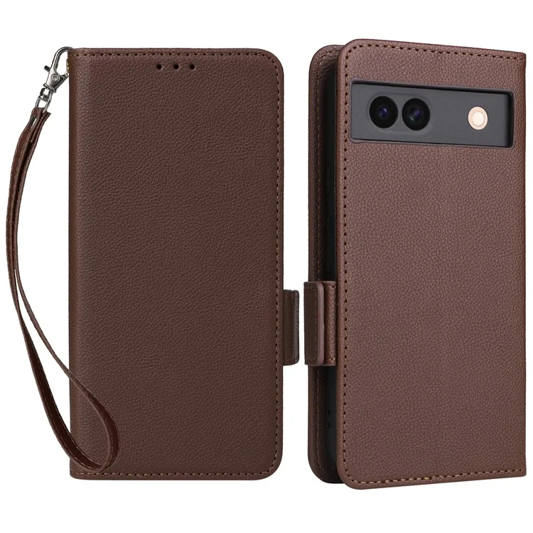 Per Google Pixel 8a Case Shockproof Wallet Phone Case Litchi Texture PU Leather Flip Cover with Strap - Marrone
