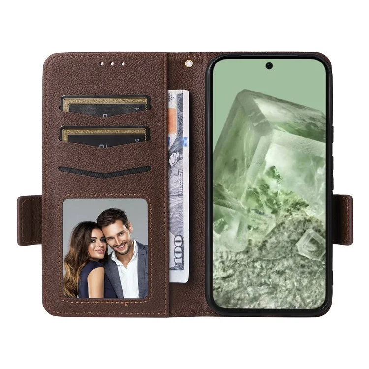 Per Google Pixel 8a Case Shockproof Wallet Phone Case Litchi Texture PU Leather Flip Cover with Strap - Marrone