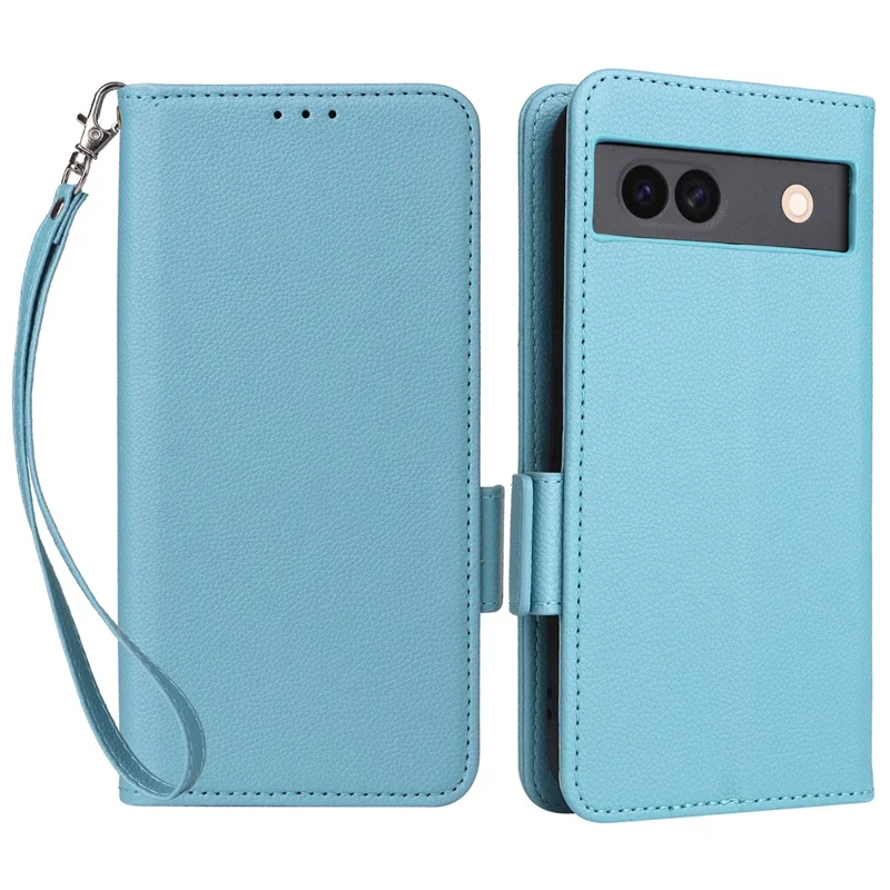 For Google Pixel 8a Case Shockproof Wallet Phone Case Litchi Texture PU Leather Flip Cover with Strap - Baby Blue