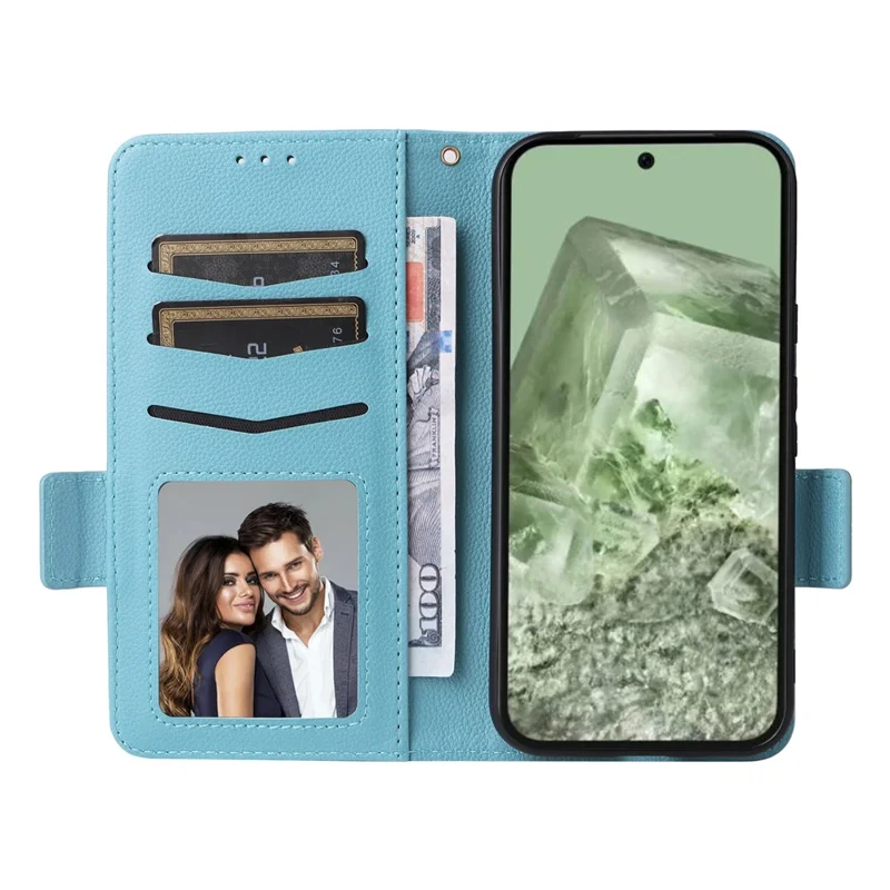 For Google Pixel 8a Case Shockproof Wallet Phone Case Litchi Texture PU Leather Flip Cover with Strap - Baby Blue