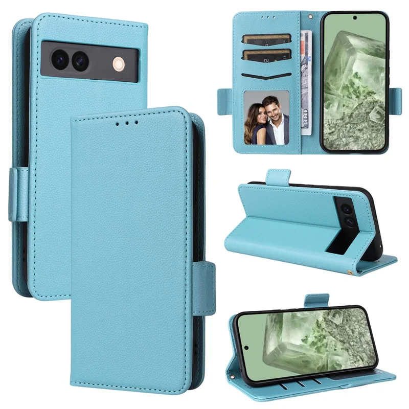For Google Pixel 8a Case Shockproof Wallet Phone Case Litchi Texture PU Leather Flip Cover with Strap - Baby Blue