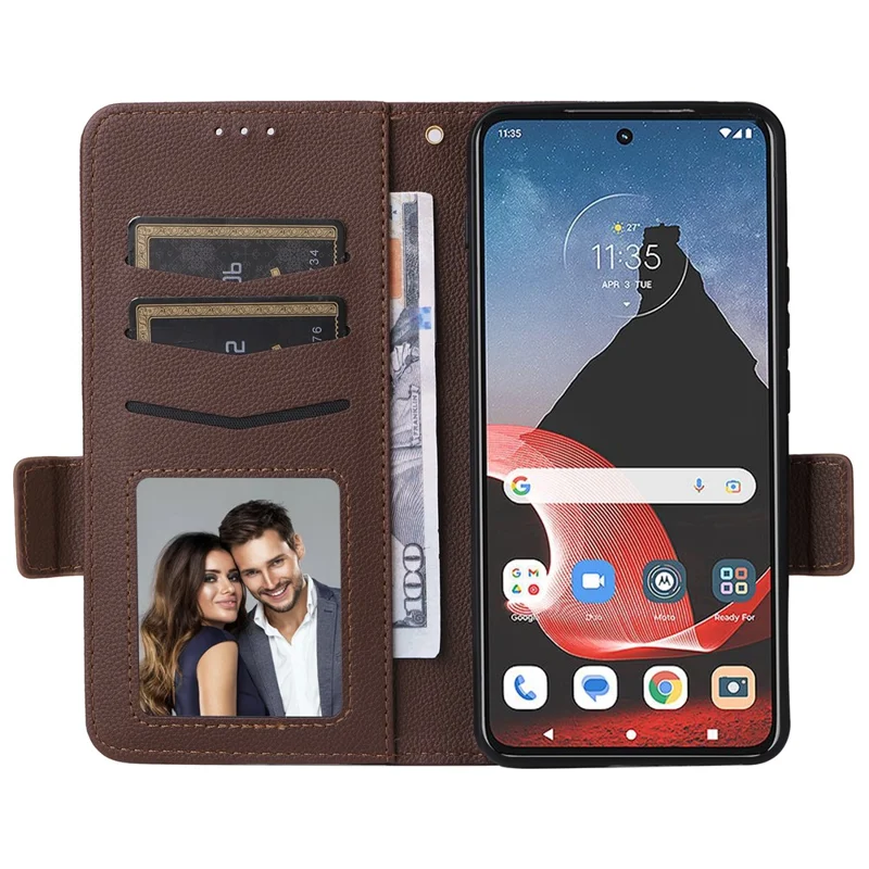 For Motorola ThinkPhone 5G Wallet Phone Case Litchi Texture PU Leather Flip Cover with Strap - Brown