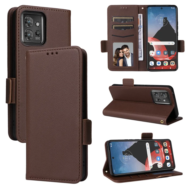 For Motorola ThinkPhone 5G Wallet Phone Case Litchi Texture PU Leather Flip Cover with Strap - Brown