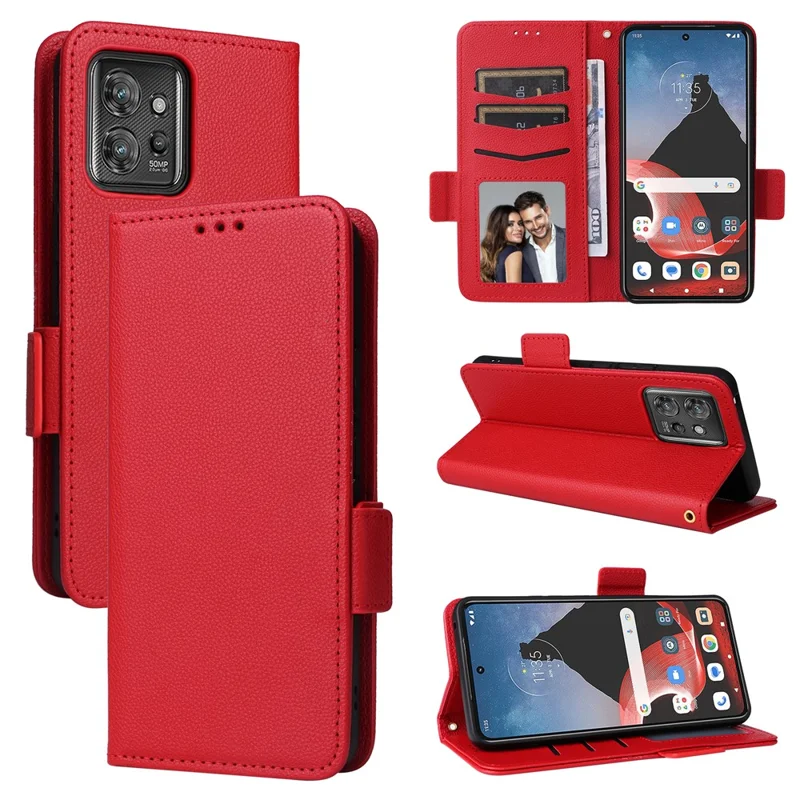 For Motorola ThinkPhone 5G Wallet Phone Case Litchi Texture PU Leather Flip Cover with Strap - Red