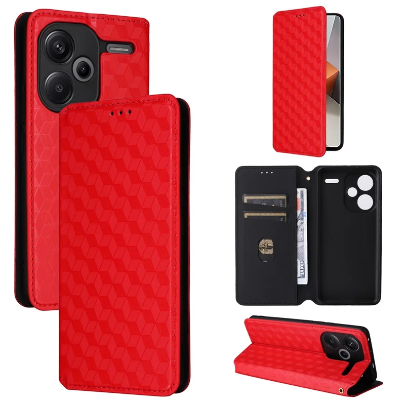 For Xiaomi Redmi Note 13 Pro+ 5G Case Rhombus Imprinted PU Leather Cover with Wallet - Red
