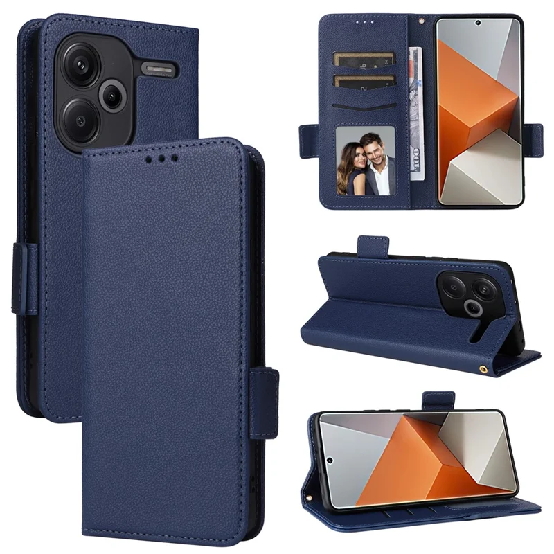 Para Xiaomi Redmi Note 13 Pro+ 5G Case Litchi Texture PU Leather Wallet Phone Protector with Strap - Dark Blue