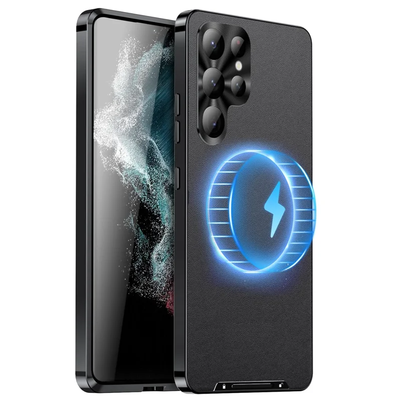 For Samsung Galaxy S22 Ultra 5G Magnetic Case Texture Leather Camera Protection Phone Cover - Black