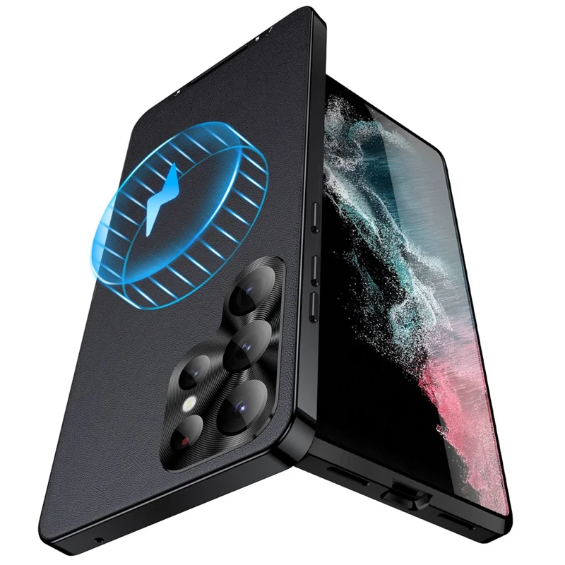 For Samsung Galaxy S22 Ultra 5G Magnetic Case Texture Leather Camera Protection Phone Cover - Black