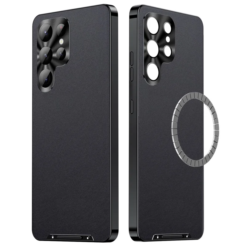 For Samsung Galaxy S22 Ultra 5G Magnetic Case Texture Leather Camera Protection Phone Cover - Black