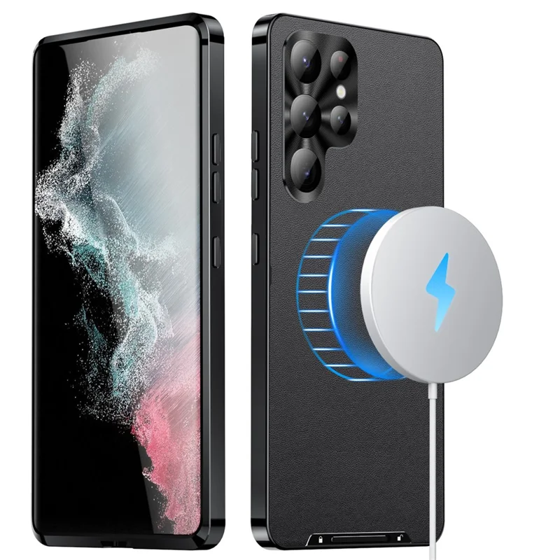 For Samsung Galaxy S22 Ultra 5G Magnetic Case Texture Leather Camera Protection Phone Cover - Black