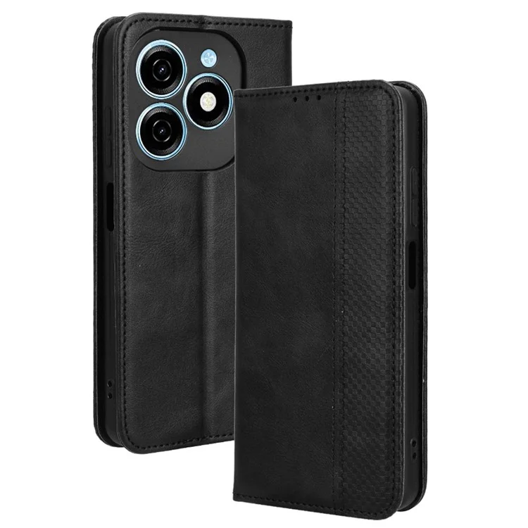 For TECNO Spark 20 KJ5 / Infinix Smart 8 Plus X6526 Cell Phone Case Imprint Retro PU Leather Stand Wallet Cover - Black