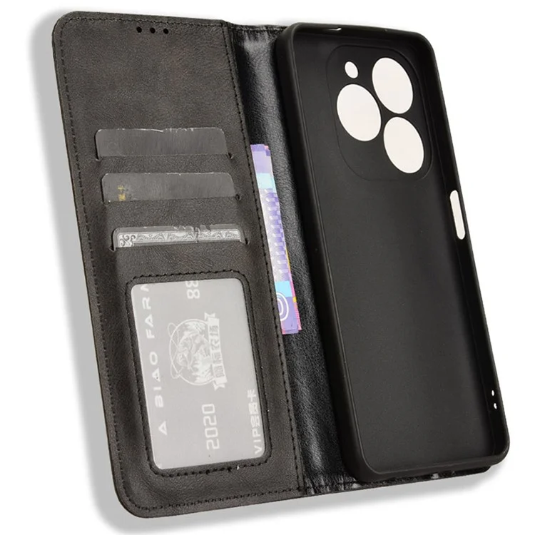 For TECNO Spark 20 KJ5 / Infinix Smart 8 Plus X6526 Cell Phone Case Imprint Retro PU Leather Stand Wallet Cover - Black