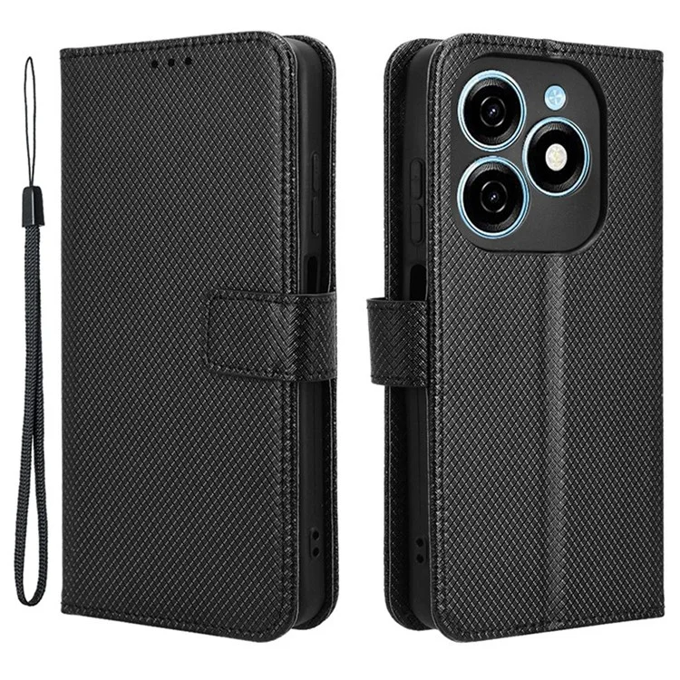 For TECNO Spark 20 KJ5 / Infinix Smart 8 Plus X6526 Case Diamond Texture Leather Wallet Stand Phone Protector - Black