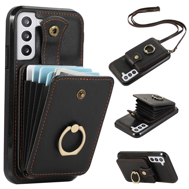 For Samsung Galaxy S22+ 5G Case Kickstand Slim-Fit TPU+PU Leather Mobile Phone Cover - Black