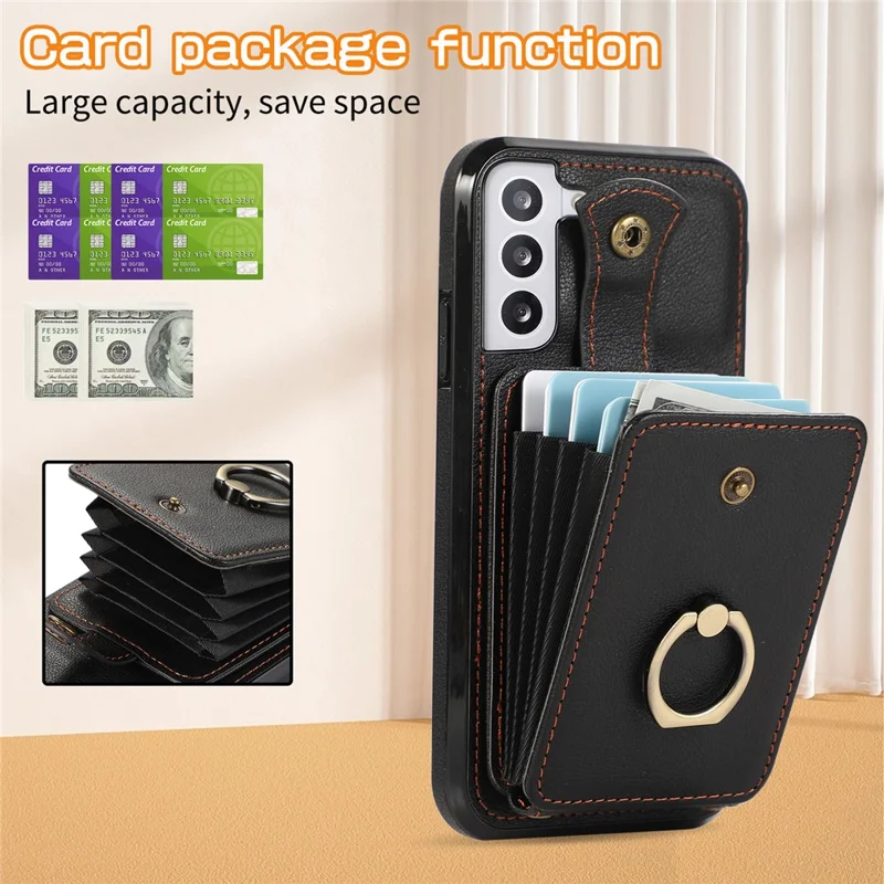 For Samsung Galaxy S22+ 5G Case Kickstand Slim-Fit TPU+PU Leather Mobile Phone Cover - Black