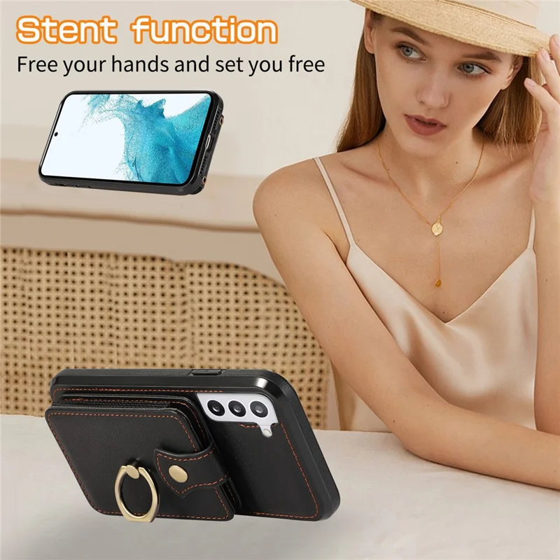 For Samsung Galaxy S22+ 5G Case Kickstand Slim-Fit TPU+PU Leather Mobile Phone Cover - Black