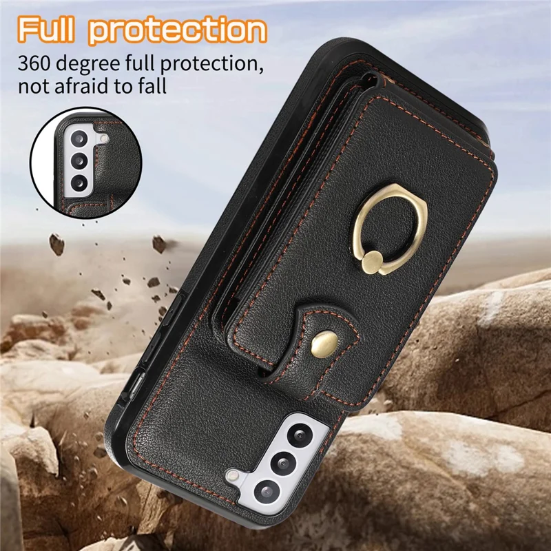 For Samsung Galaxy S22+ 5G Case Kickstand Slim-Fit TPU+PU Leather Mobile Phone Cover - Black
