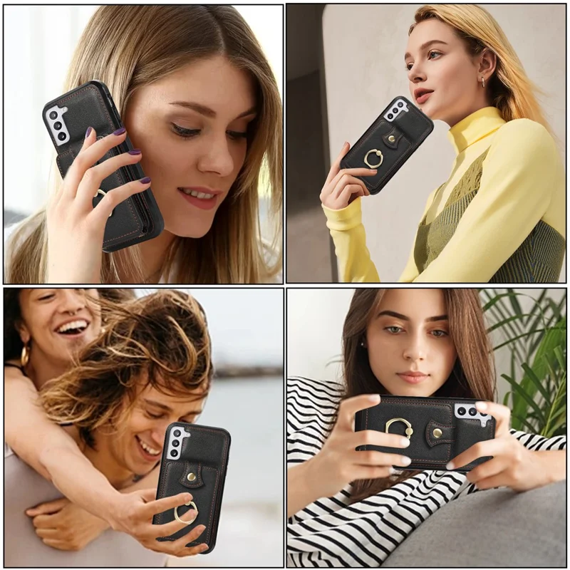 For Samsung Galaxy S22+ 5G Case Kickstand Slim-Fit TPU+PU Leather Mobile Phone Cover - Black