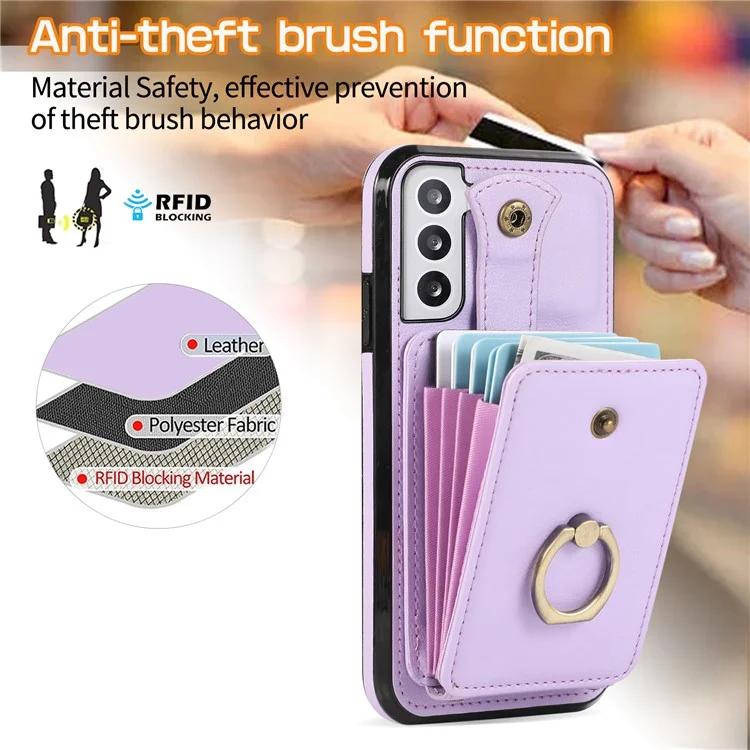 For Samsung Galaxy S23+ Case RFID Blocking Mobile Phone Cover Kickstand TPU+PU Leather Shell - Purple