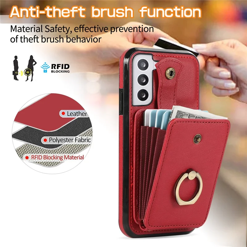 For Samsung Galaxy S21+ 5G Case TPU+PU Leather RFID Blocking Card Holder Phone Cover - Red
