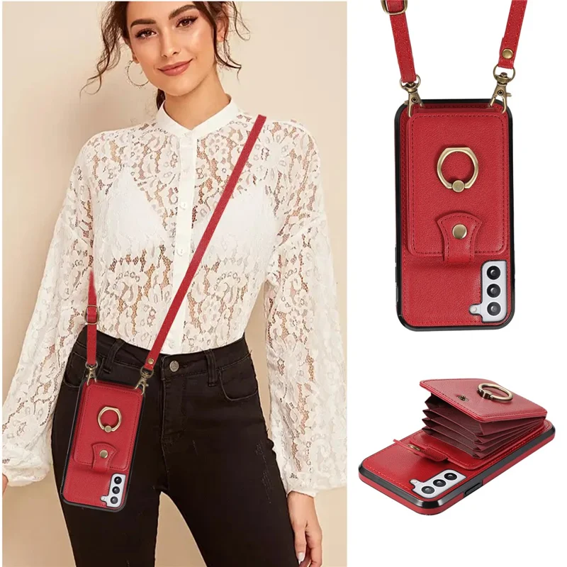 For Samsung Galaxy S21+ 5G Case TPU+PU Leather RFID Blocking Card Holder Phone Cover - Red