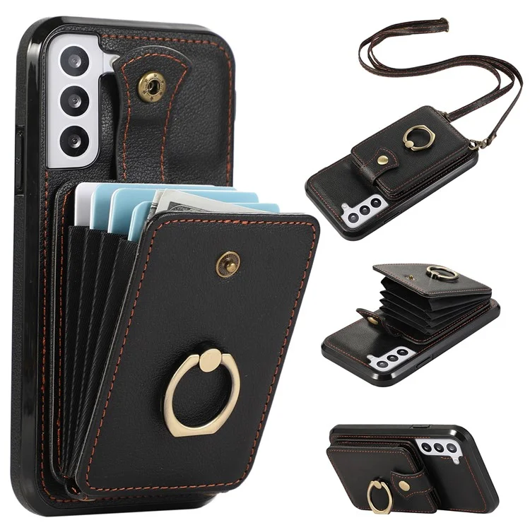 For Samsung Galaxy S22 5G Case RFID Blocking Kickstand Mobile Phone Cover TPU+PU Leather Phone Shell - Black