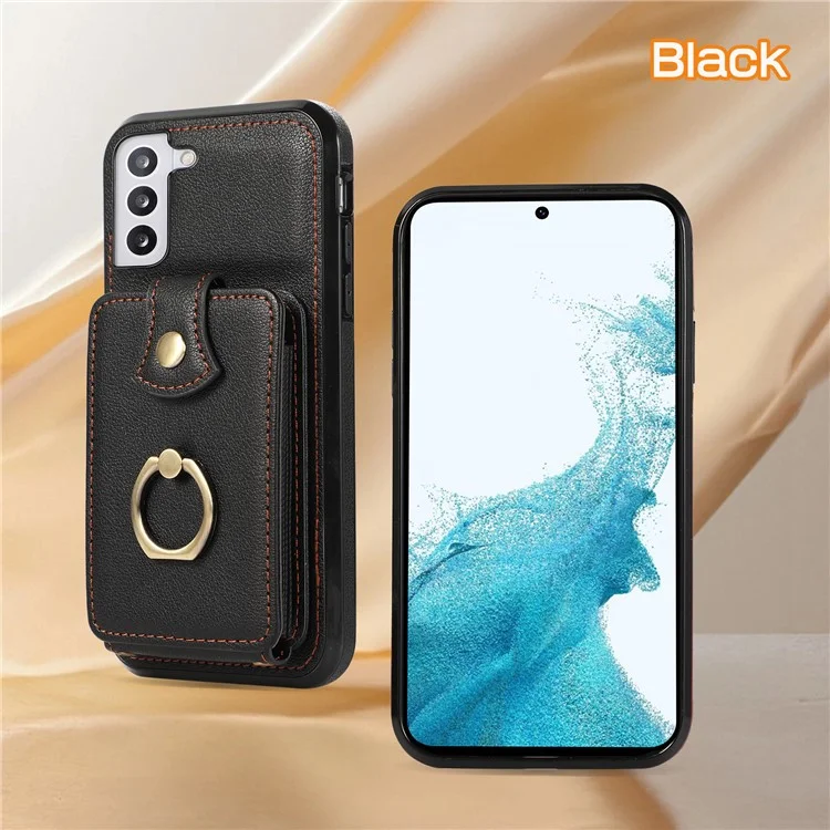 For Samsung Galaxy S22 5G Case RFID Blocking Kickstand Mobile Phone Cover TPU+PU Leather Phone Shell - Black