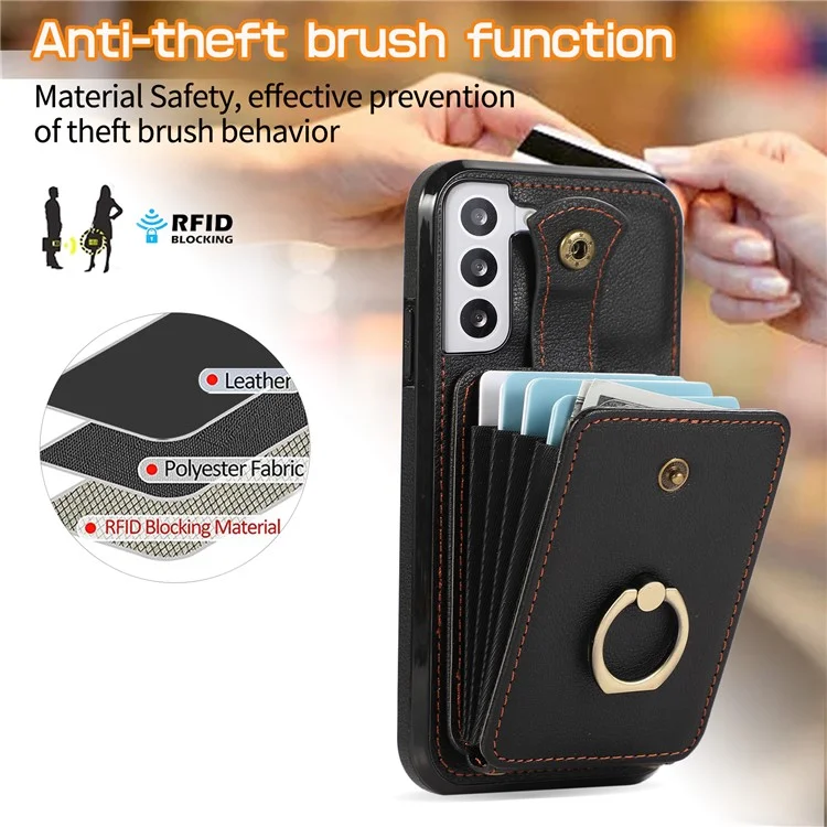 For Samsung Galaxy S22 5G Case RFID Blocking Kickstand Mobile Phone Cover TPU+PU Leather Phone Shell - Black