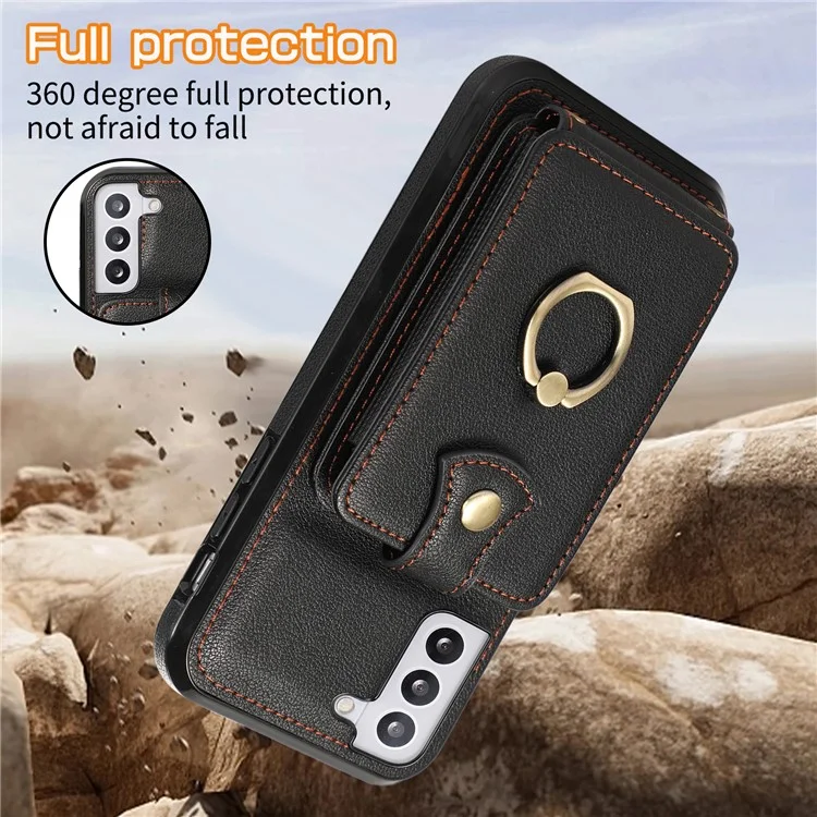 For Samsung Galaxy S22 5G Case RFID Blocking Kickstand Mobile Phone Cover TPU+PU Leather Phone Shell - Black