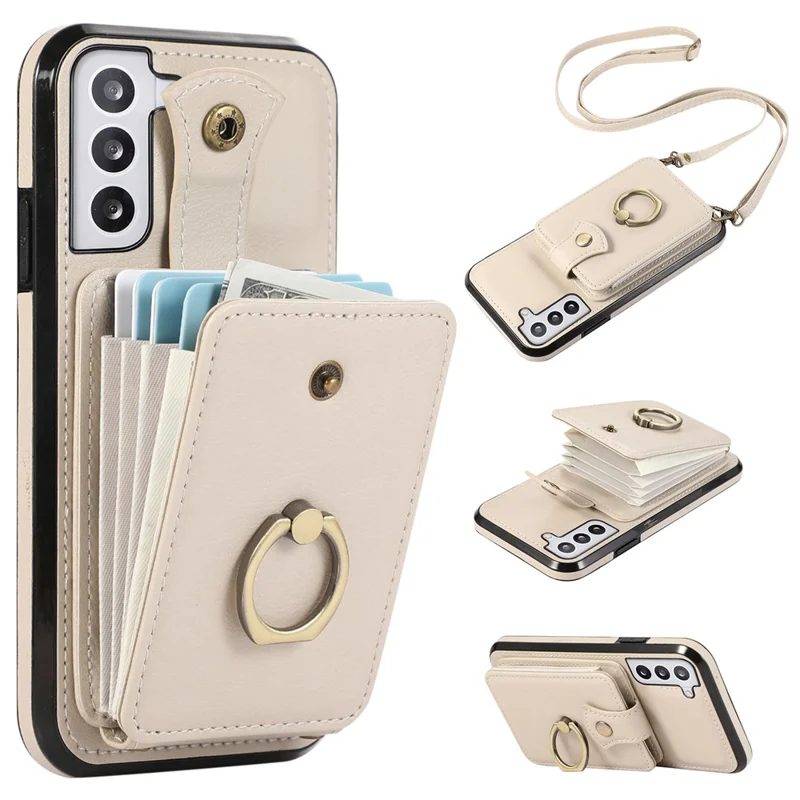 For Samsung Galaxy S22 5G Case RFID Blocking Kickstand Mobile Phone Cover TPU+PU Leather Phone Shell - Beige