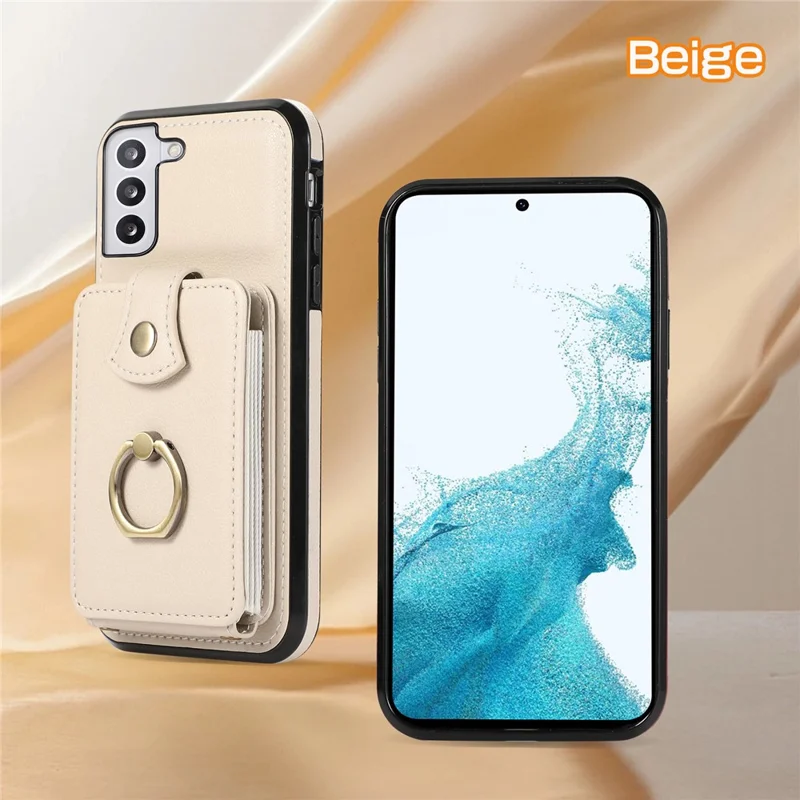 For Samsung Galaxy S22 5G Case RFID Blocking Kickstand Mobile Phone Cover TPU+PU Leather Phone Shell - Beige