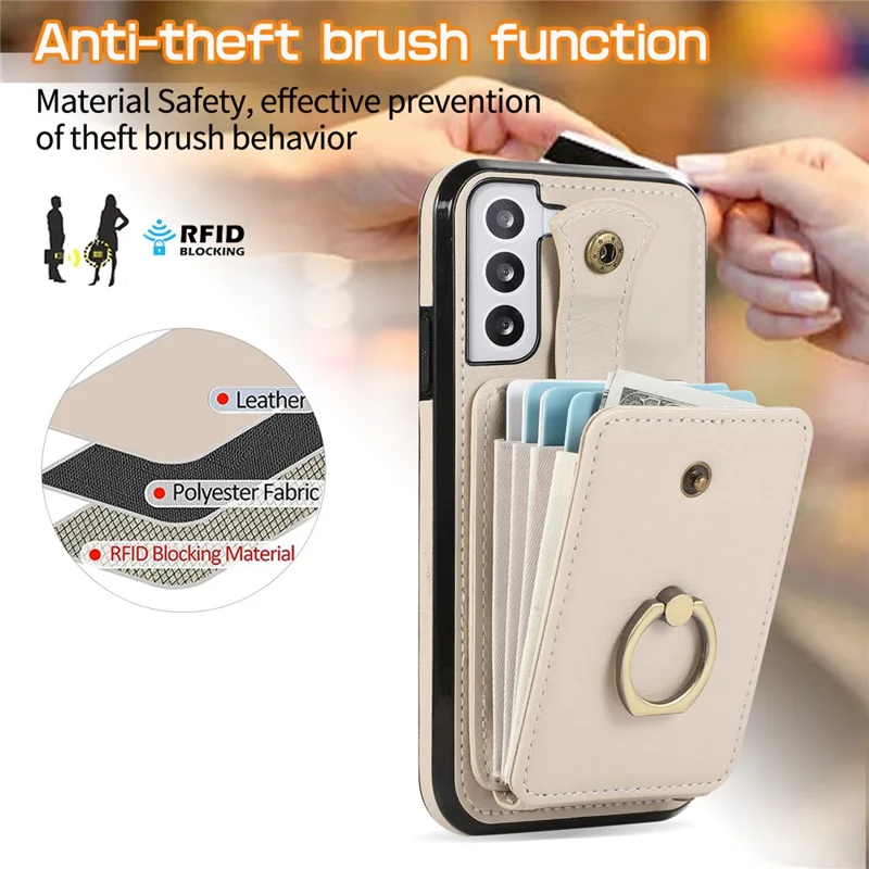 For Samsung Galaxy S22 5G Case RFID Blocking Kickstand Mobile Phone Cover TPU+PU Leather Phone Shell - Beige