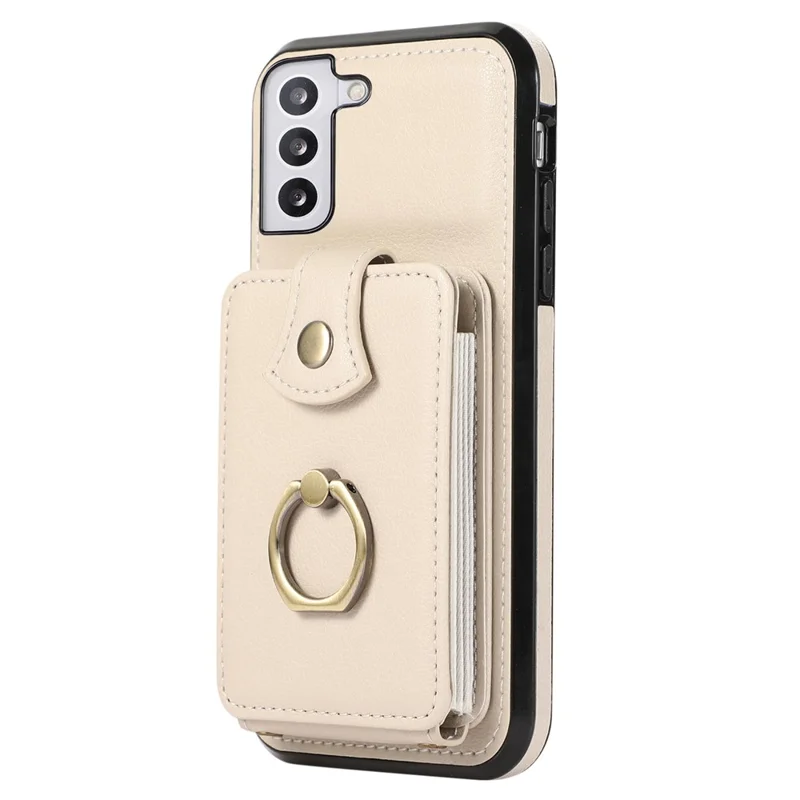 For Samsung Galaxy S22 5G Case RFID Blocking Kickstand Mobile Phone Cover TPU+PU Leather Phone Shell - Beige