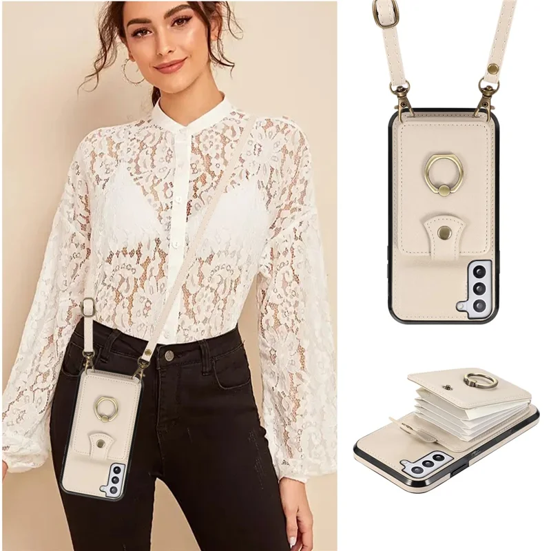 For Samsung Galaxy S22 5G Case RFID Blocking Kickstand Mobile Phone Cover TPU+PU Leather Phone Shell - Beige