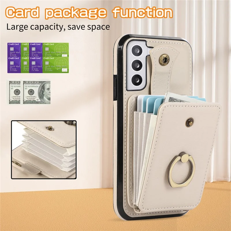 For Samsung Galaxy S22 5G Case RFID Blocking Kickstand Mobile Phone Cover TPU+PU Leather Phone Shell - Beige