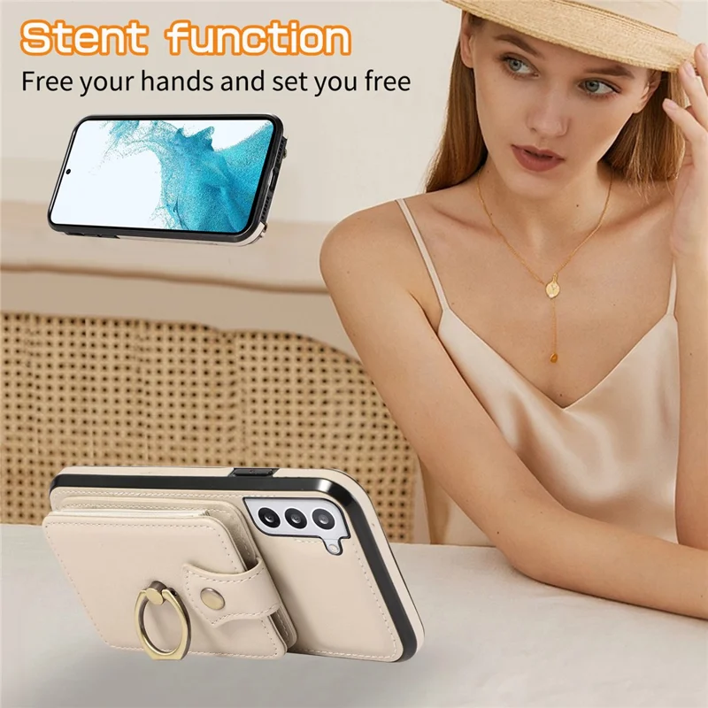 For Samsung Galaxy S22 5G Case RFID Blocking Kickstand Mobile Phone Cover TPU+PU Leather Phone Shell - Beige