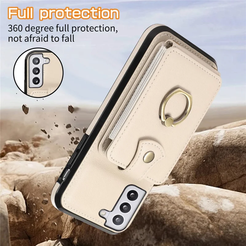 For Samsung Galaxy S22 5G Case RFID Blocking Kickstand Mobile Phone Cover TPU+PU Leather Phone Shell - Beige
