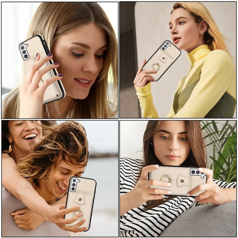 For Samsung Galaxy S22 5G Case RFID Blocking Kickstand Mobile Phone Cover TPU+PU Leather Phone Shell - Beige