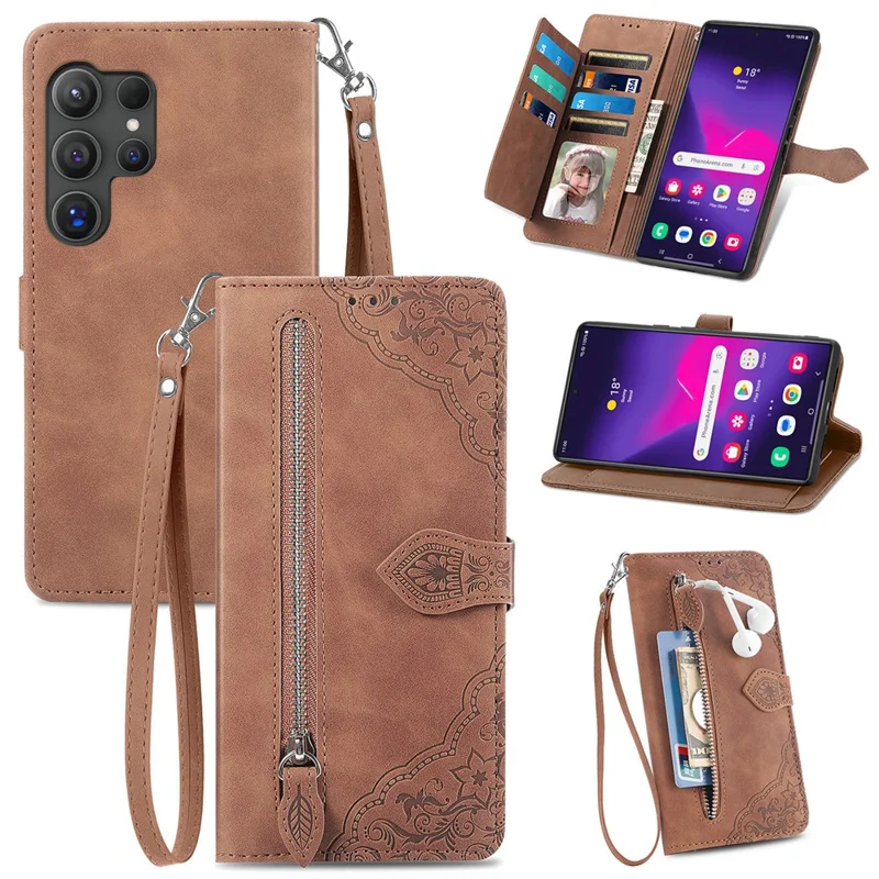 For Samsung Galaxy S24 Ultra Zipper Wallet Case with Strap Flower Imprint PU Leather Phone Cover - Brown
