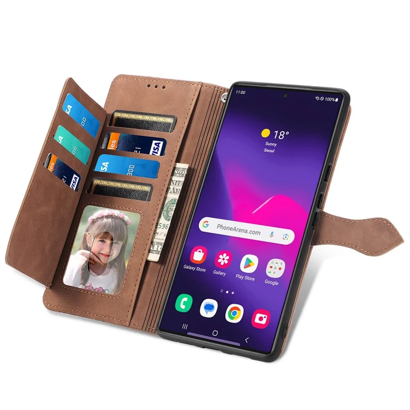 For Samsung Galaxy S24 Ultra Zipper Wallet Case with Strap Flower Imprint PU Leather Phone Cover - Brown
