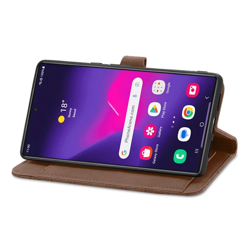 For Samsung Galaxy S24 Ultra Zipper Wallet Case with Strap Flower Imprint PU Leather Phone Cover - Brown