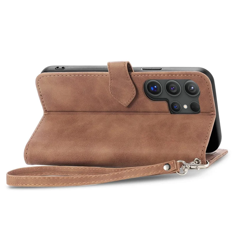 For Samsung Galaxy S24 Ultra Zipper Wallet Case with Strap Flower Imprint PU Leather Phone Cover - Brown
