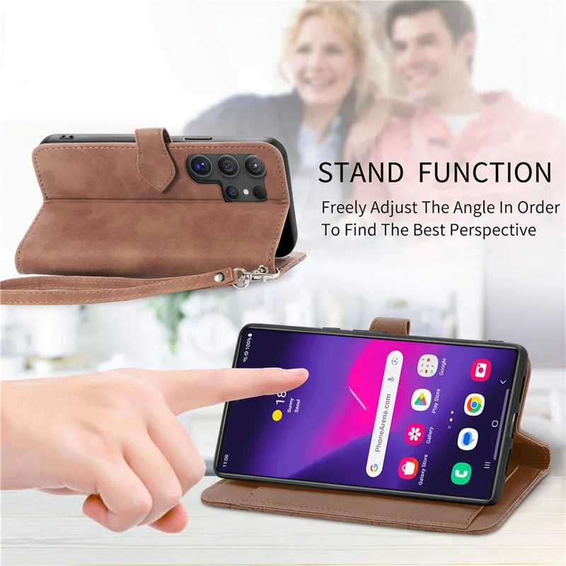 For Samsung Galaxy S24 Ultra Zipper Wallet Case with Strap Flower Imprint PU Leather Phone Cover - Brown