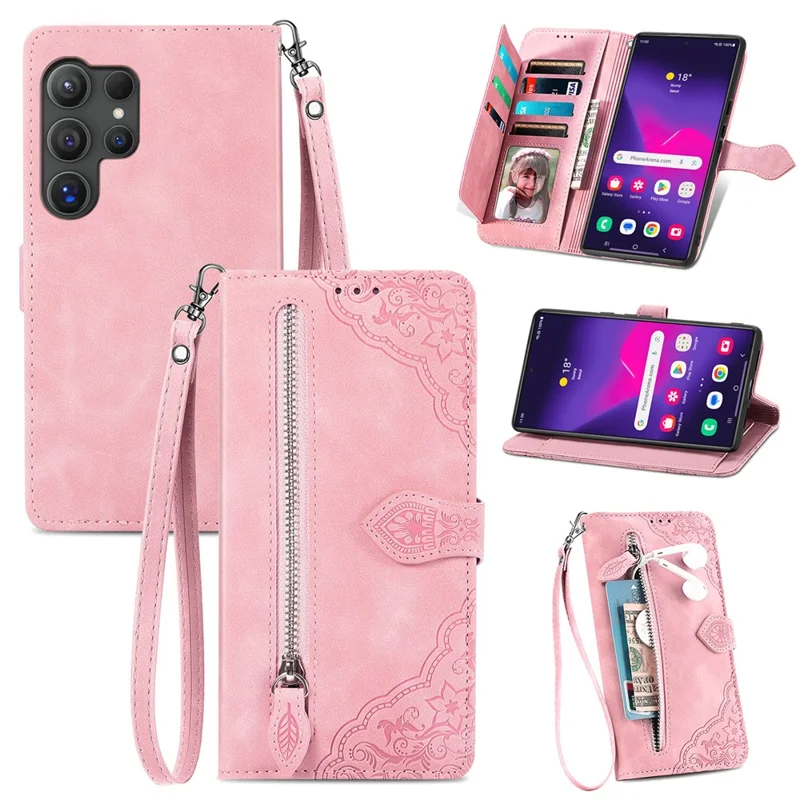 For Samsung Galaxy S24 Ultra Zipper Wallet Case with Strap Flower Imprint PU Leather Phone Cover - Pink