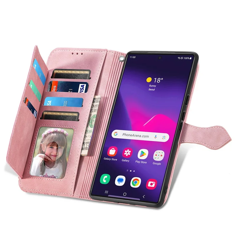 For Samsung Galaxy S24 Ultra Zipper Wallet Case with Strap Flower Imprint PU Leather Phone Cover - Pink